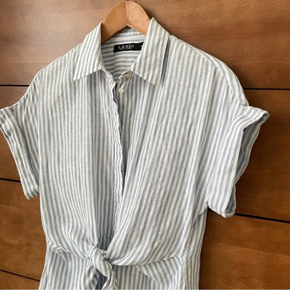 Ralph Lauren Black Label Linen Striped Tie-Front Button Down Collar Shirt Medium - Picture 5 of 15